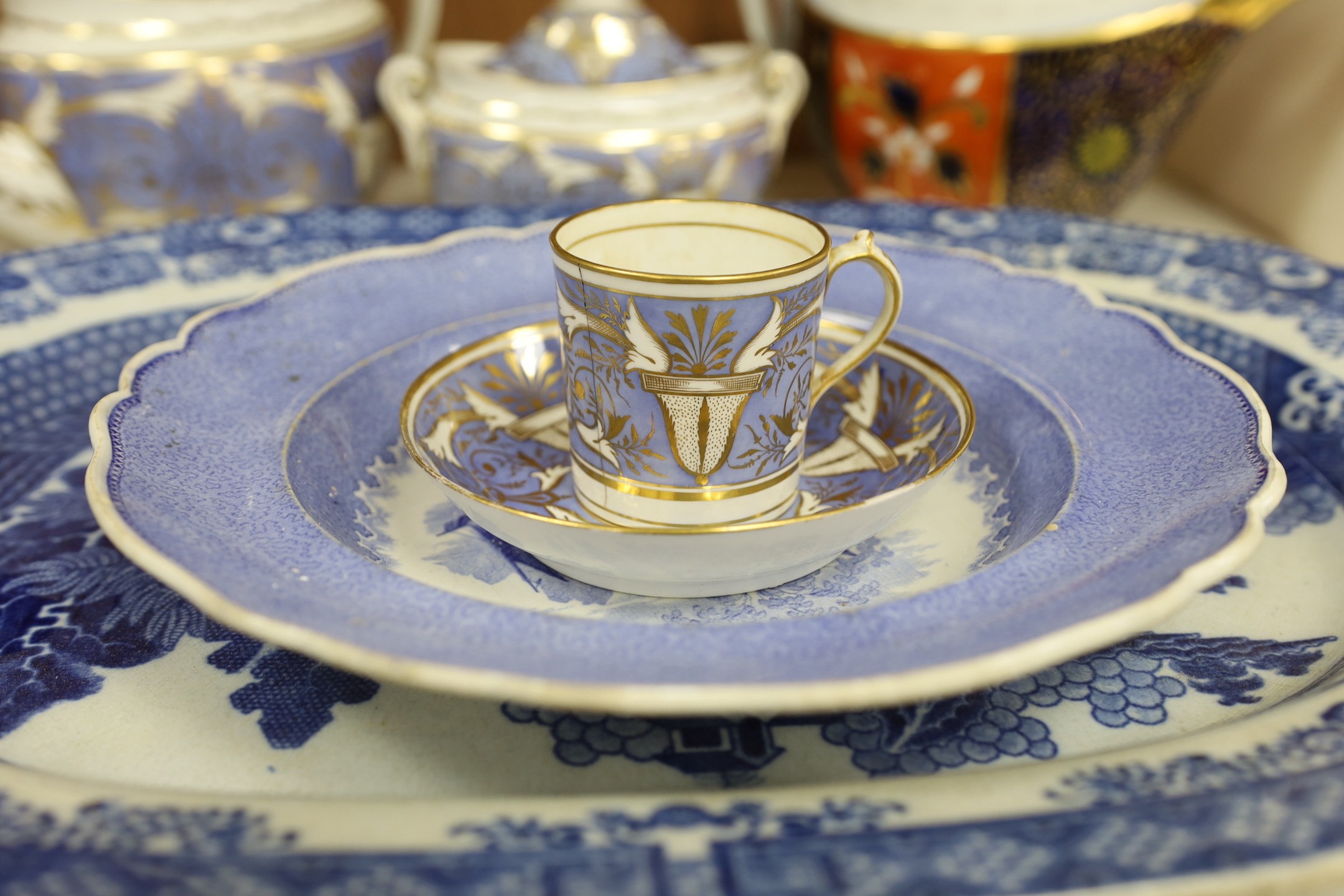 A quantity of late 18th and early 19th century English ceramics including a Spode teapot and a large Austro-Hungarian ceramic tile